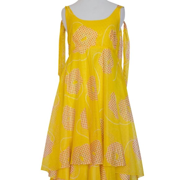 VINTAGE 70s Dress Yellow Orange Polka Dots Empire Maxi Prairie Prom X-Small - Picture 2 of 4